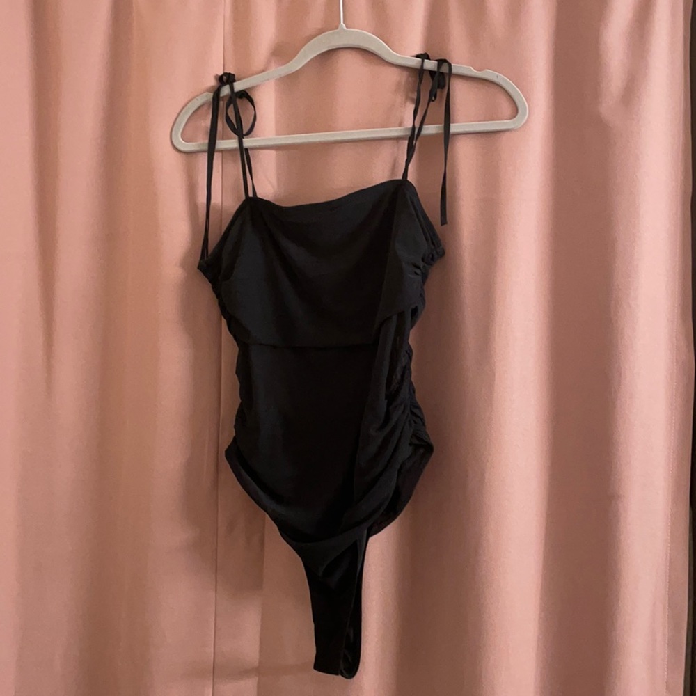 Black Tie Bodysuit with Mesh Detail